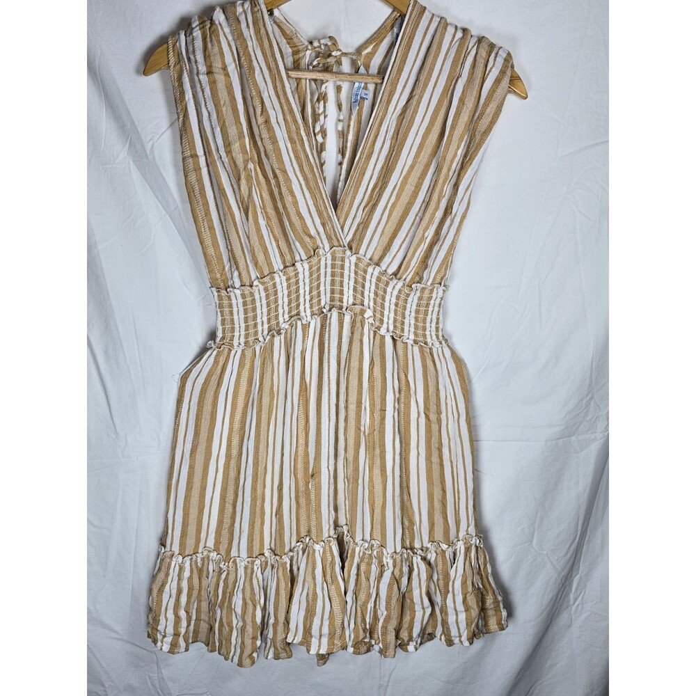 Blue Island Striped Boho Mini Dress Women Size S Beige White Smocked Tassels